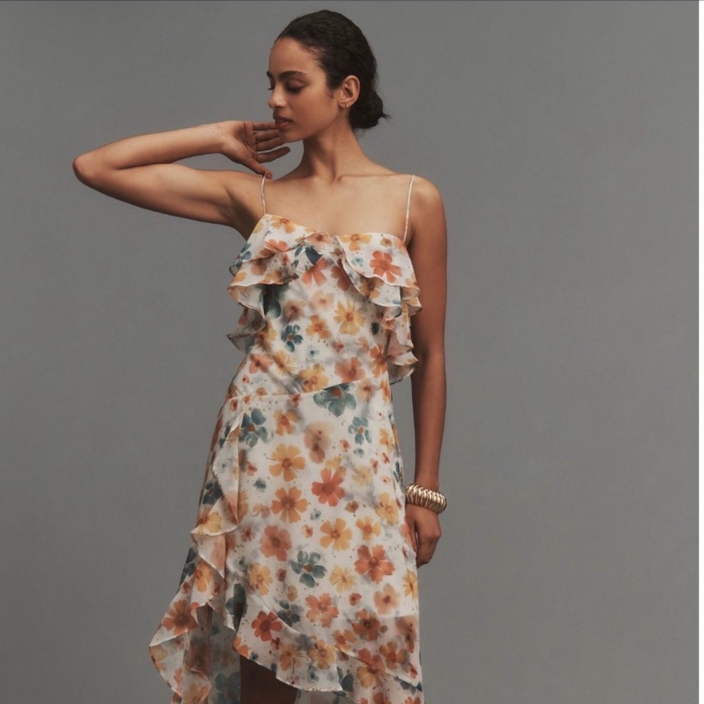 Anthropologie Sleeveless Asymmetrical Ruffled Midi Dress
